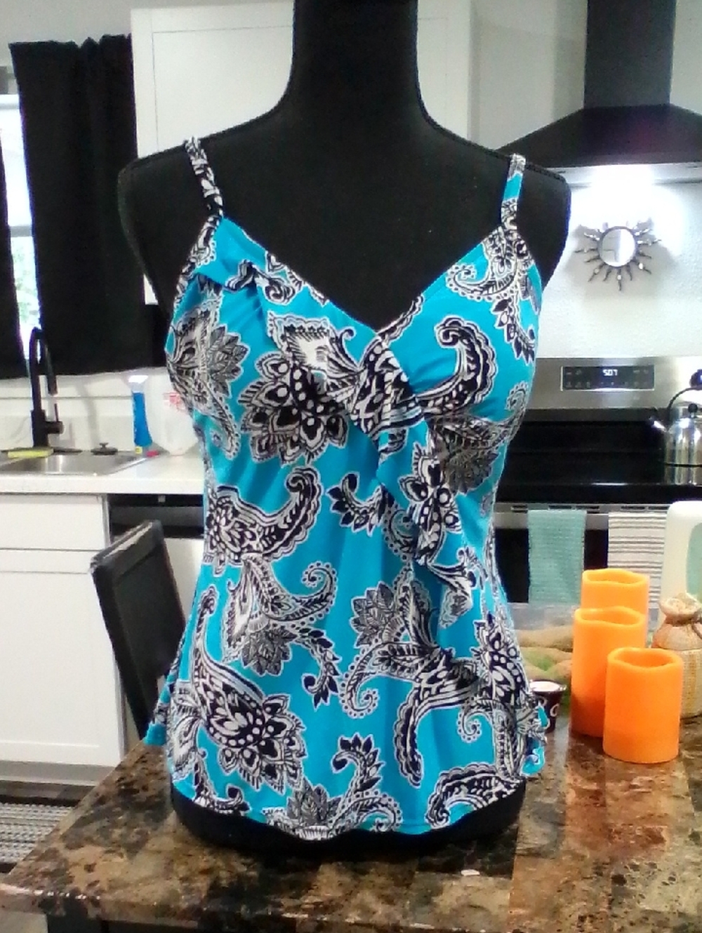 Paisley V-Neck Spaghetti-Strap Tankini in Turquoise